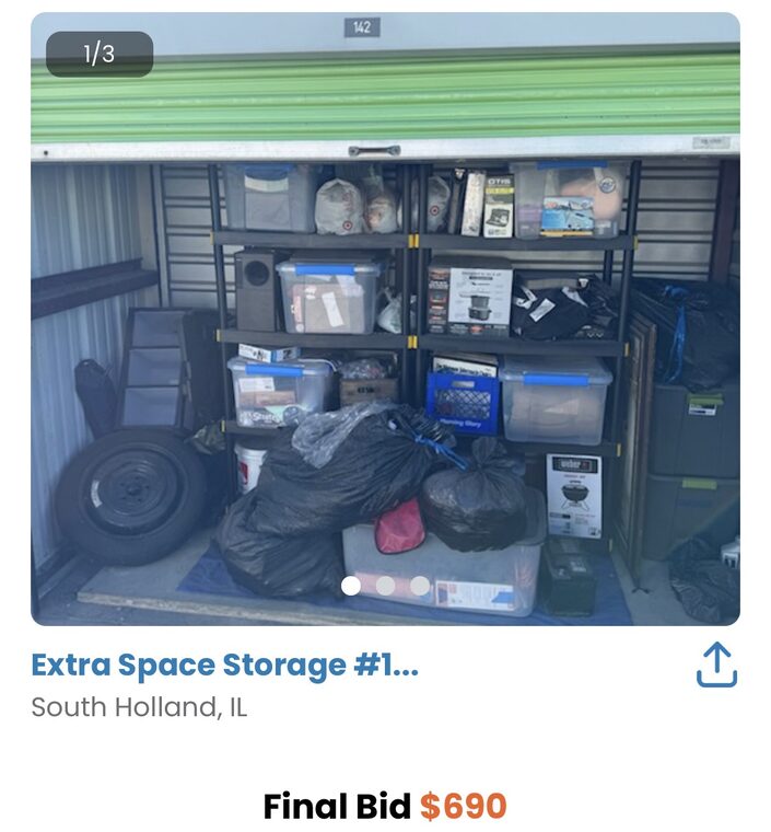 Auction app screenshot: Extra Space Storage unit in South Holland, IL — final bid $690